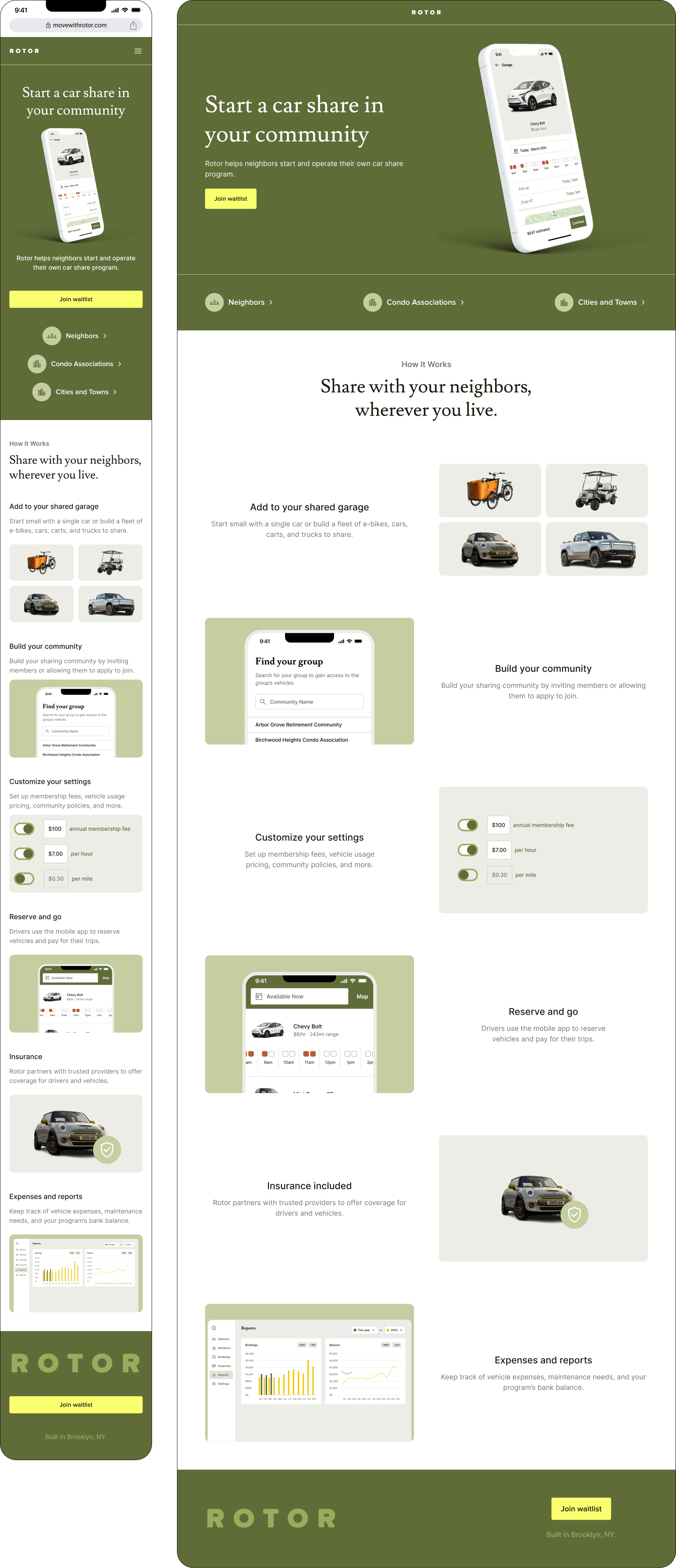 A landing page for an all-electric car-sharing concept for small, rural communities.