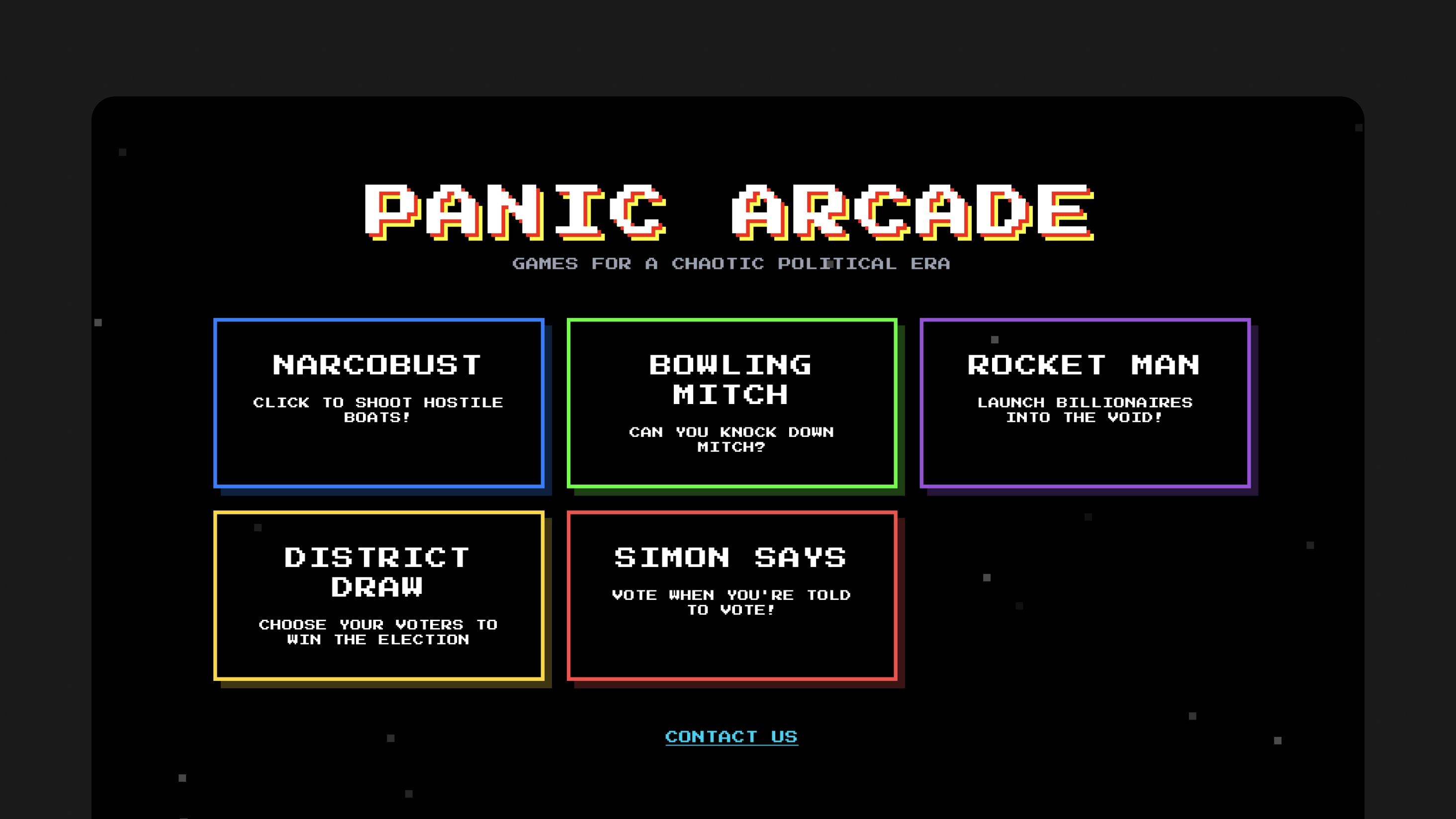 Mini arcade games inspired by political chaos